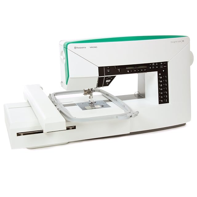 Macchina da cucito e ricamo Husqvarna Viking Designer Jade 35 con modulo da ricamo, vista di tre quarti anteriore