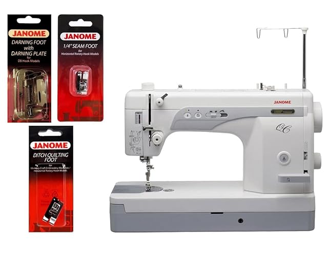 Macchina per quilting a punto diritto Janome 1600P-QC, vista di tre quarti anteriore