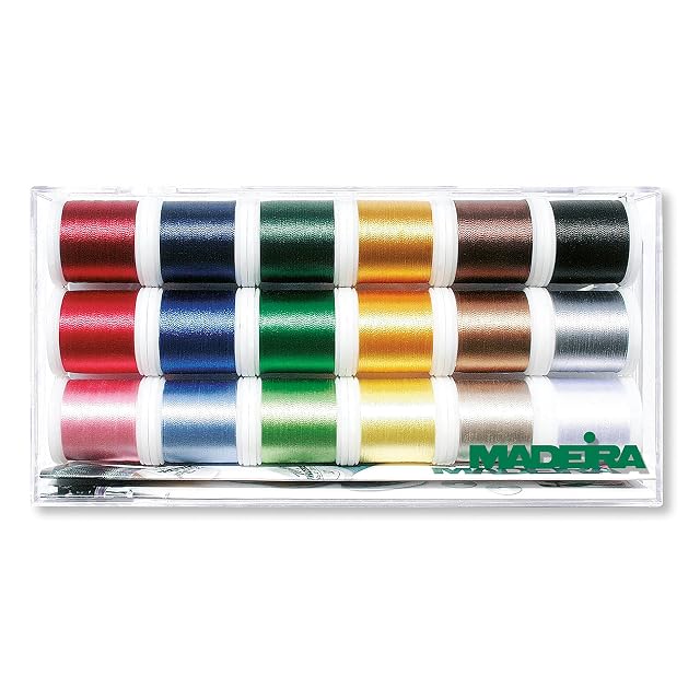 Box di fili da ricamo Madeira Polyneon con diciotto rocchetti